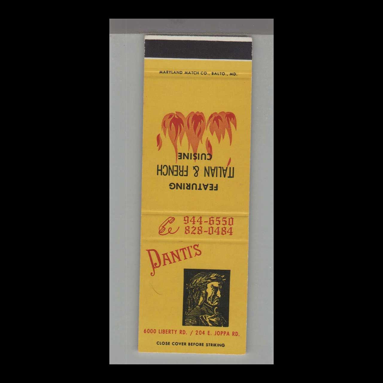 Danti&#39;s Italian &amp; French Restaurant Joppa Road Vintage Matchbook Advertising Cover