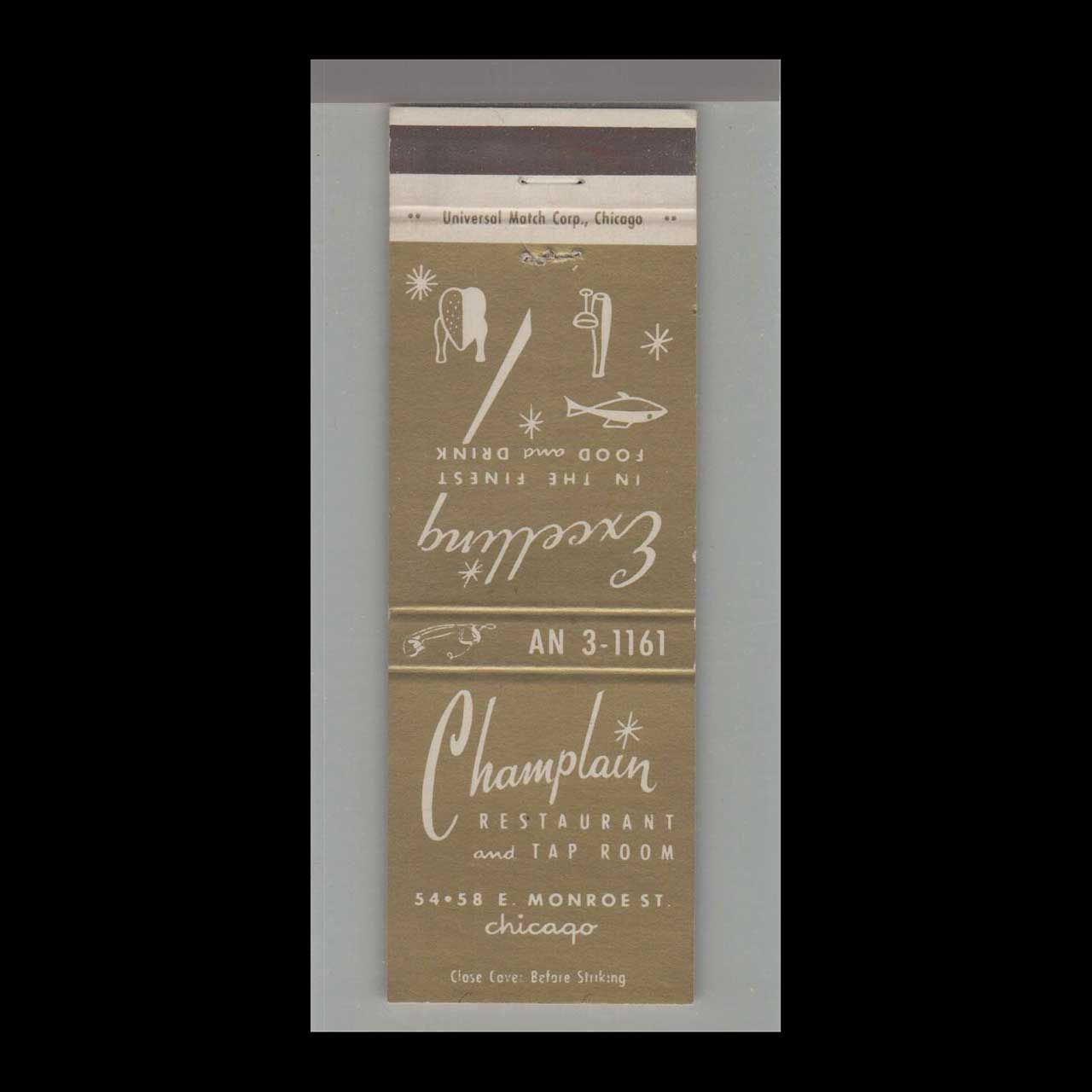 Champlain Restaurant &amp; Tap Room Chicago, IL Vintage Matchbook Advertising Cover