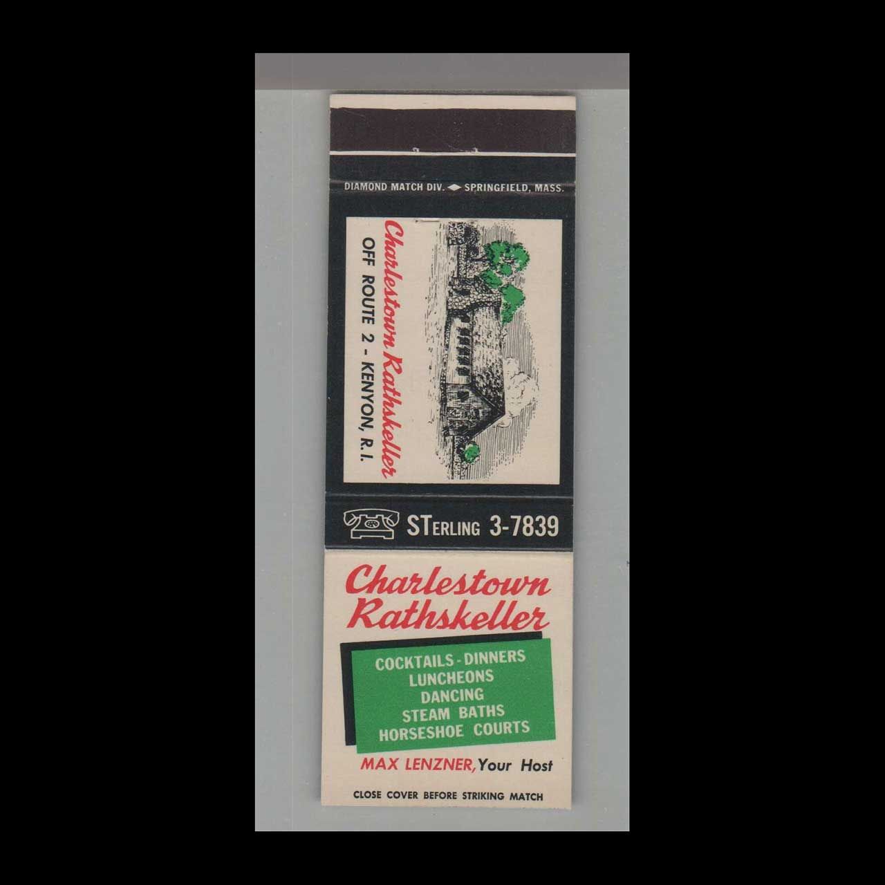 Charlestown Rathskeller Kenyon, RI Vintage Matchbook Advertising Cover
