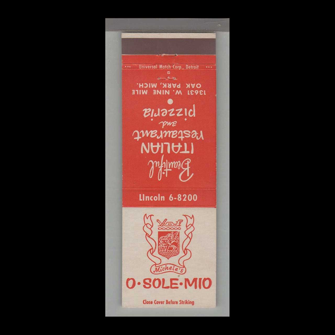 Pizza Place - O-Sole-Mio Italian Restaurant Oak Park, MI Vintage Matchbook Advertising Cover
