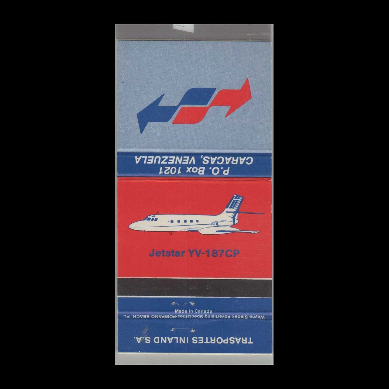 Trasportes Inland Airline Venezuela Jetstar Vintage Matchbook Advertising Cover