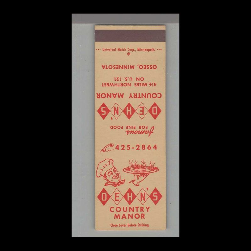 Dehn&#39;s Country Manor Restaurant Osseo, MN Vintage Matchbook Advertising Cover