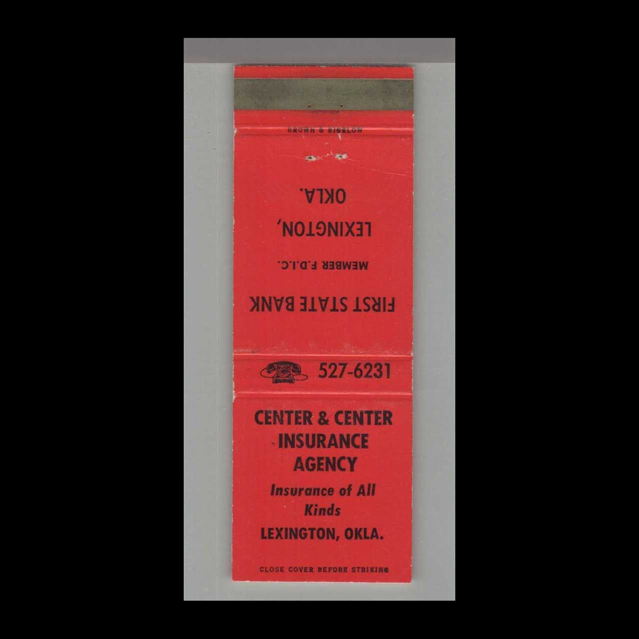 Center &amp; Center Insurance Agency Lexington, OK Vintage Matchbook Advertising Cover
