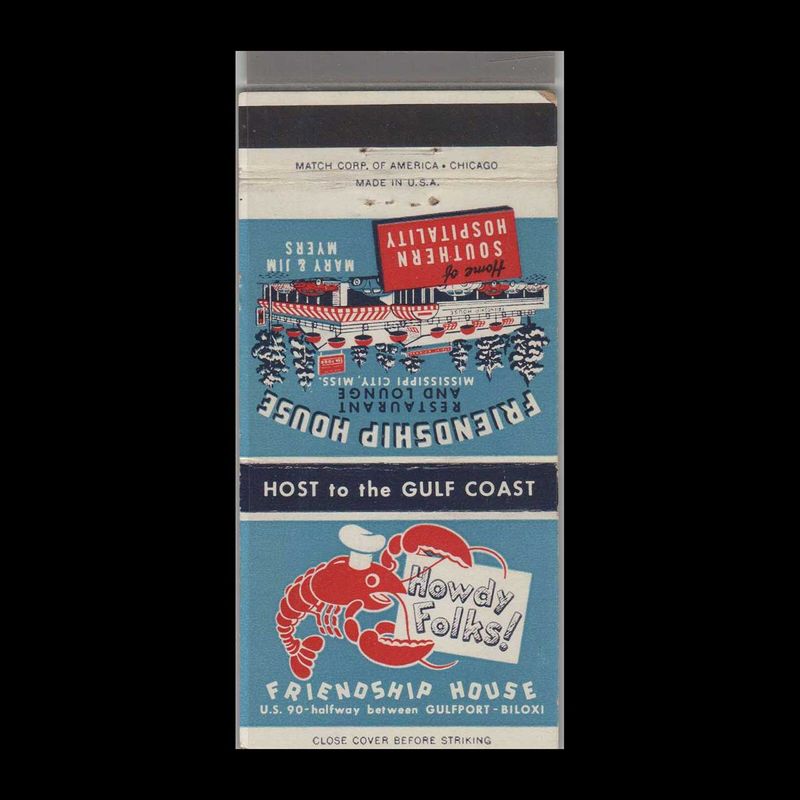 Friendship House Seafood Restaurant Mississippi City, MS Vintage Matchbook Advertising Cover