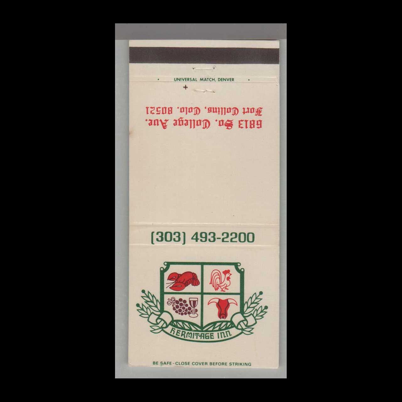Rooster - Hermitage Inn, Fort Collins, CO Vintage Matchbook Advertising Cover