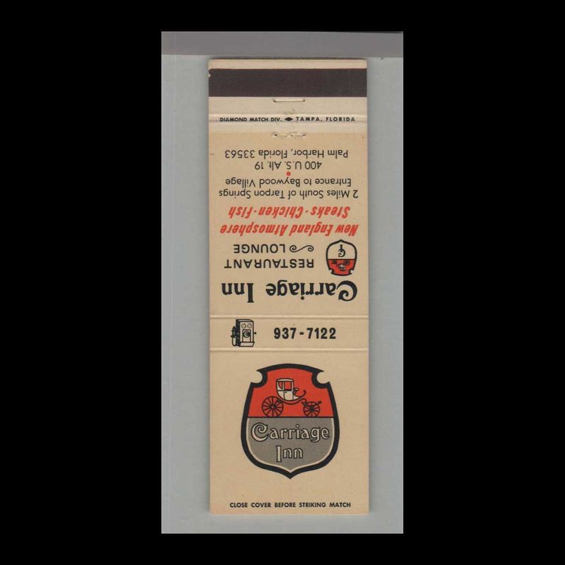 Carriage Inn Restaurant &amp; Lounge Palm Harbor, Vintage Matchbook Advertising Cover