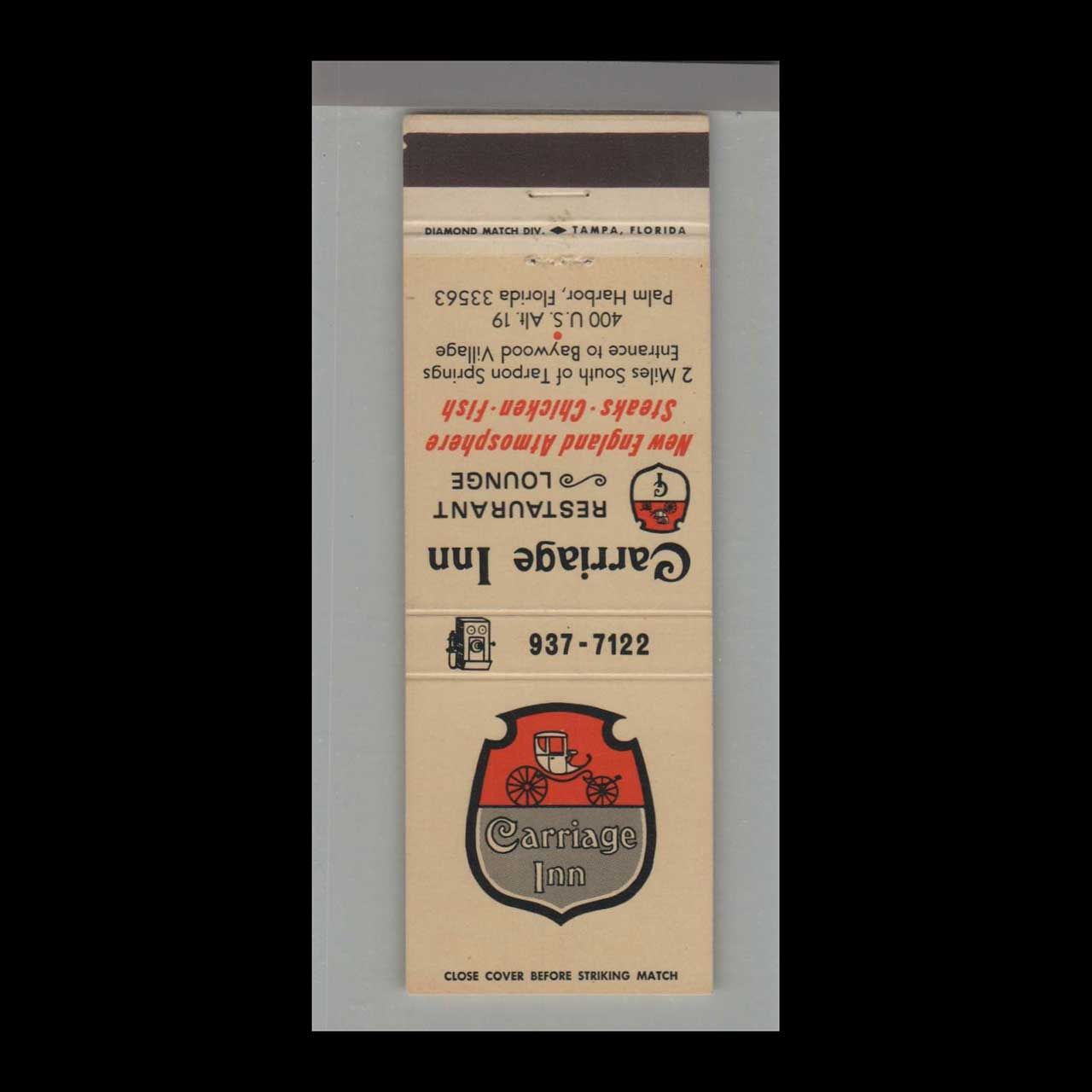 Carriage Inn Restaurant &amp; Lounge Palm Harbor, Vintage Matchbook Advertising Cover