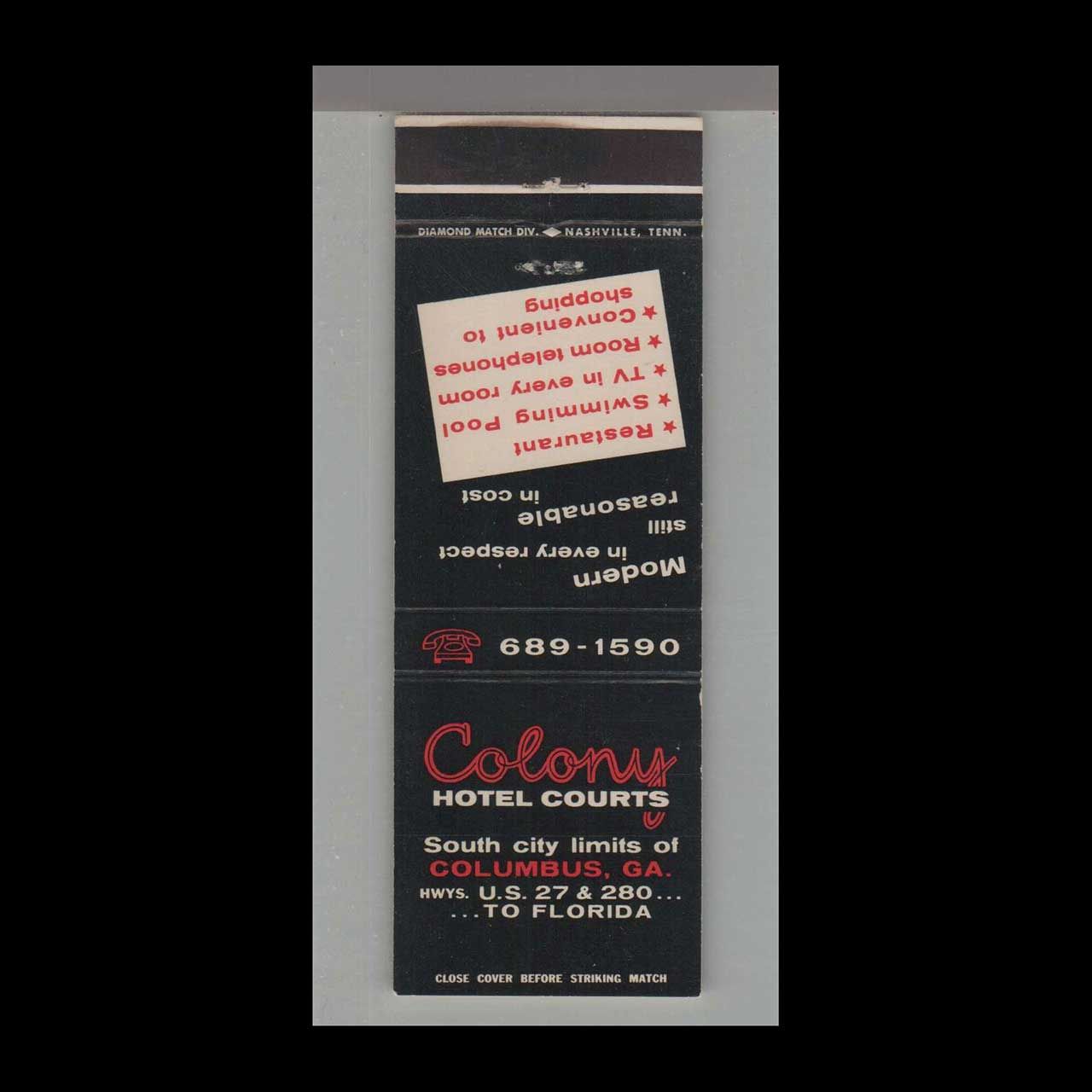 Colony Hotel Courts Columbus, GA Vintage Matchbook Advertising Cover