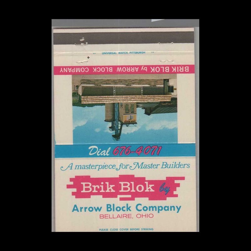Brik Block By Arrow Block Co. Bellaire, OH Vintage Matchbook Advertising Cover