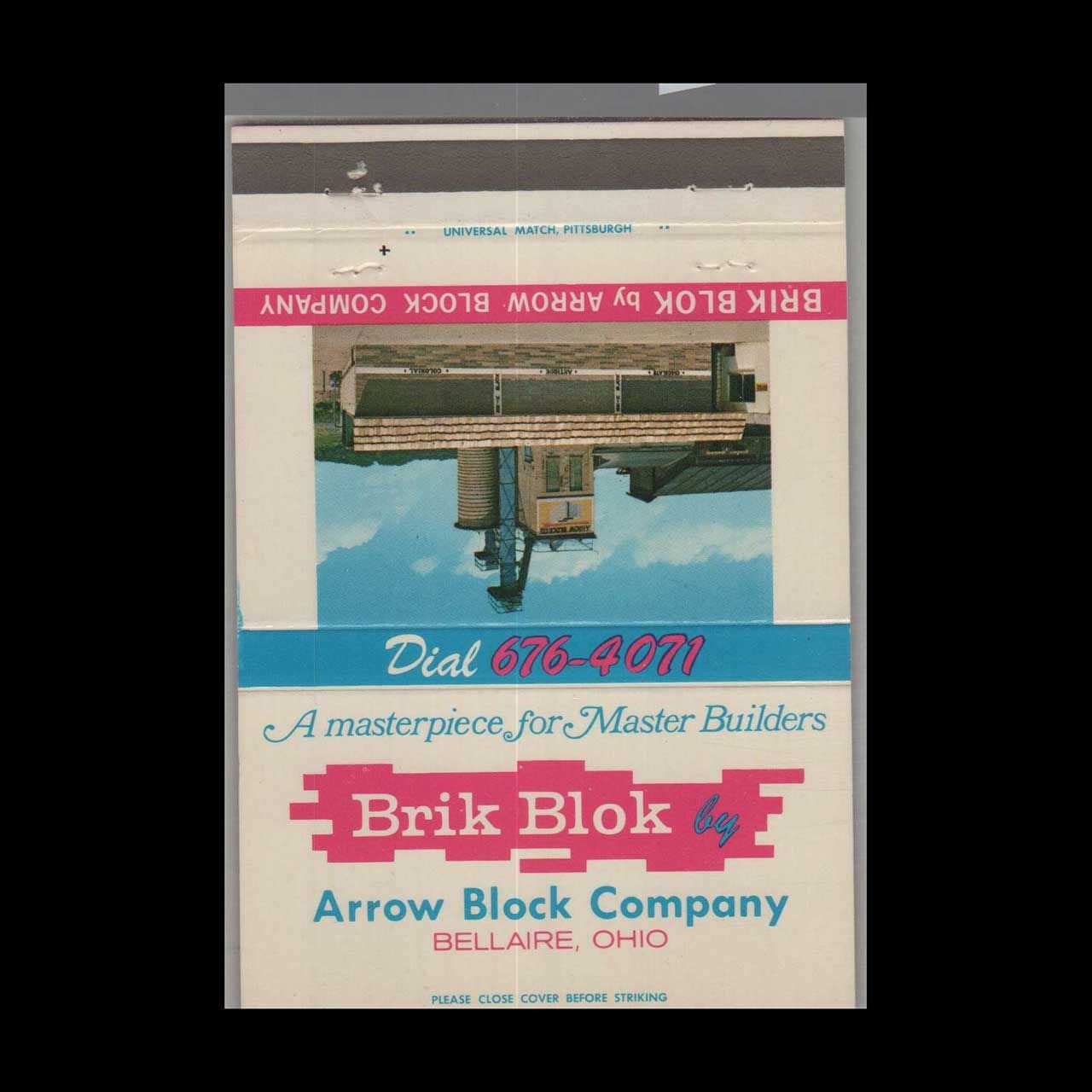 Brik Block By Arrow Block Co. Bellaire, OH Vintage Matchbook Advertising Cover