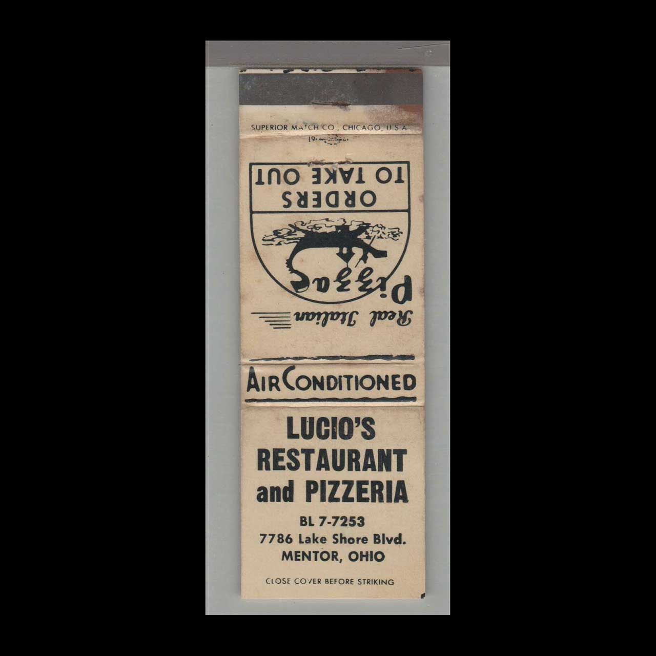 Pizza Place - Lucio&#39;s Restaurant &amp; Pizzeria Mentor, OH Vintage Matchbook Advertising Cover