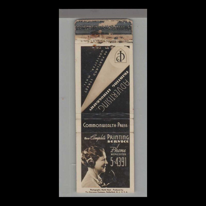Telephone Pic - Commonwealth Printing Service Worcester, MA Vintage Matchbook Advertising Cover