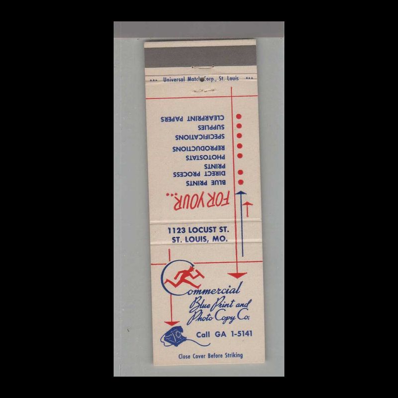 Commercial Blue Print &amp; Photo Copy Co St. Loui Vintage Matchbook Advertising Cover