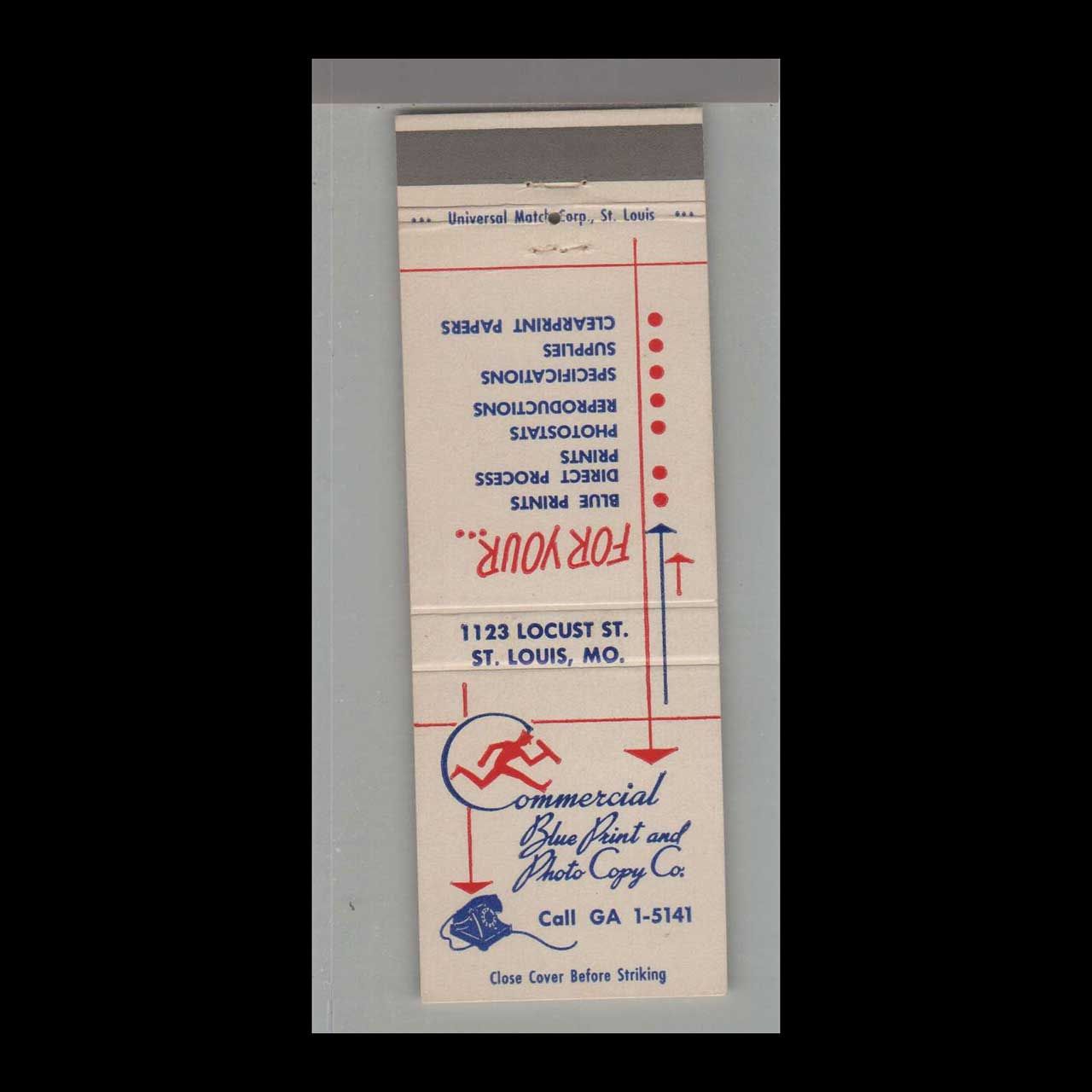 Commercial Blue Print &amp; Photo Copy Co St. Loui Vintage Matchbook Advertising Cover