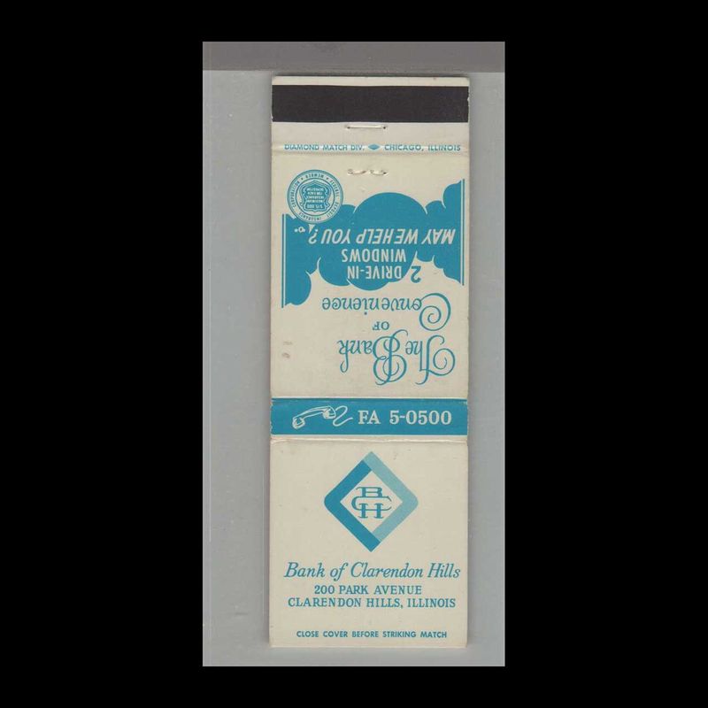 Telephone Pic - Bank of Clarendon Hills, IL Vintage Matchbook Advertising Cover