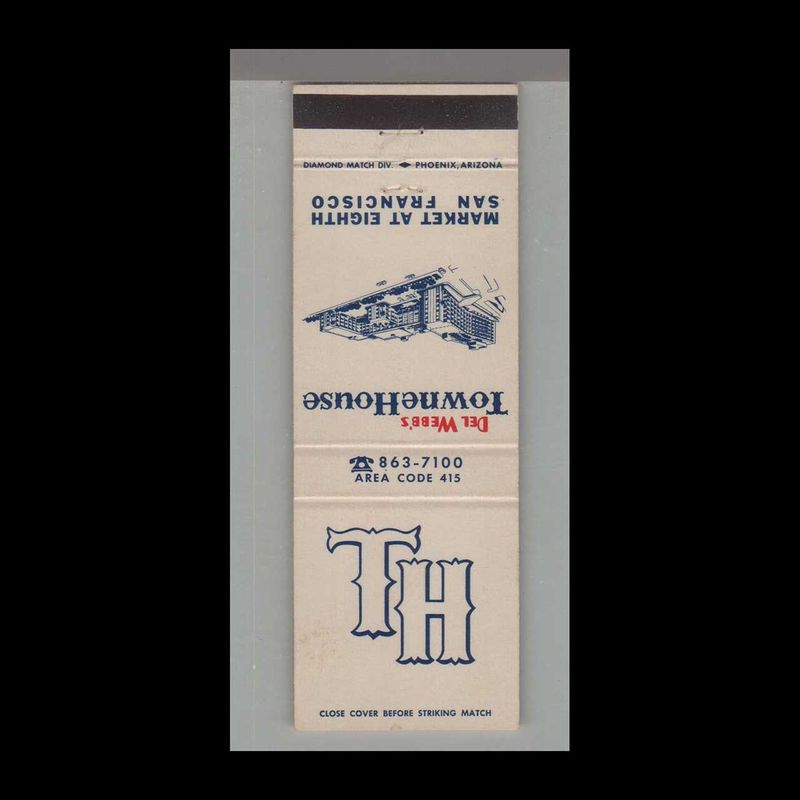 Del Webb&#39;s Towne House Hotel San Francisco, CA Vintage Matchbook Advertising Cover