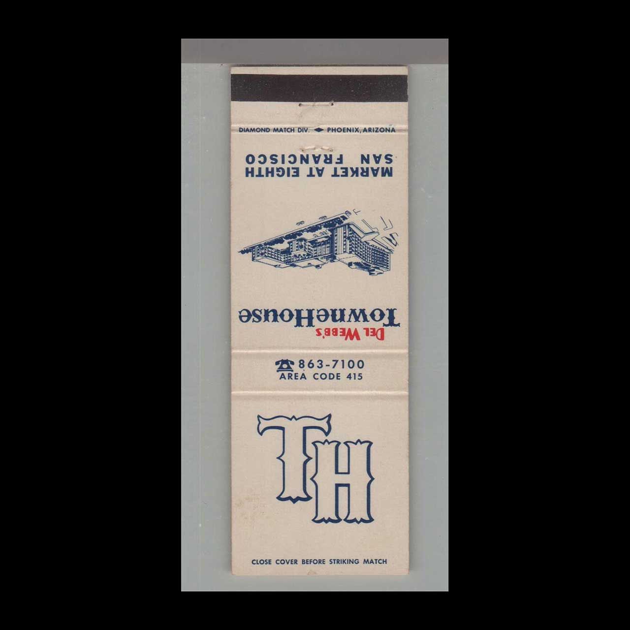 Del Webb&#39;s Towne House Hotel San Francisco, CA Vintage Matchbook Advertising Cover