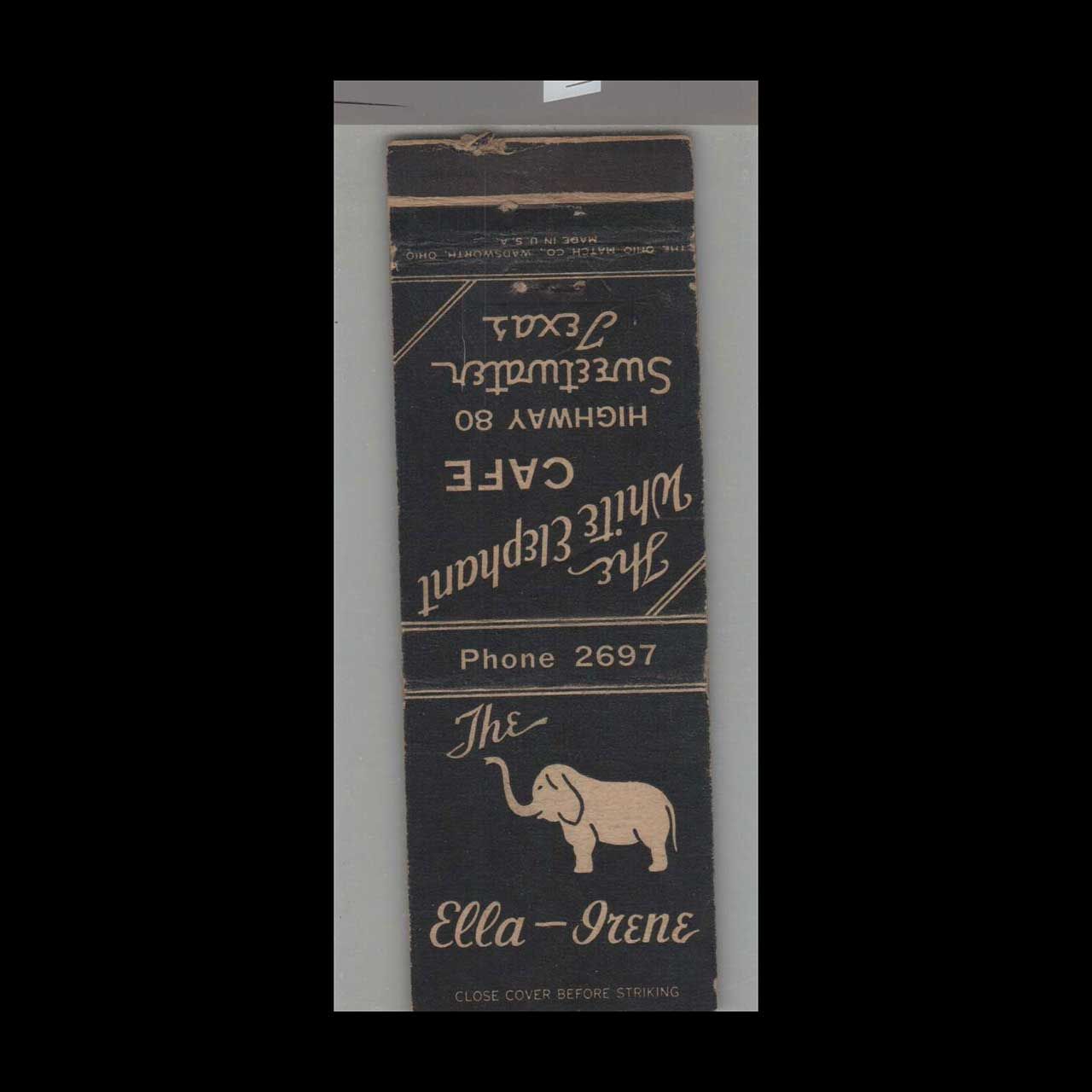 Elephant - The White Elephant Café Sweetwater, TX Vintage Matchbook Advertising Cover