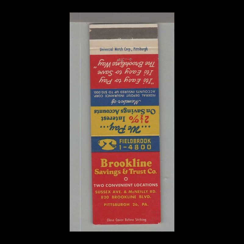 Brookline Savings &amp; Trust Pittsburgh, PA Vintage Matchbook Advertising Cover