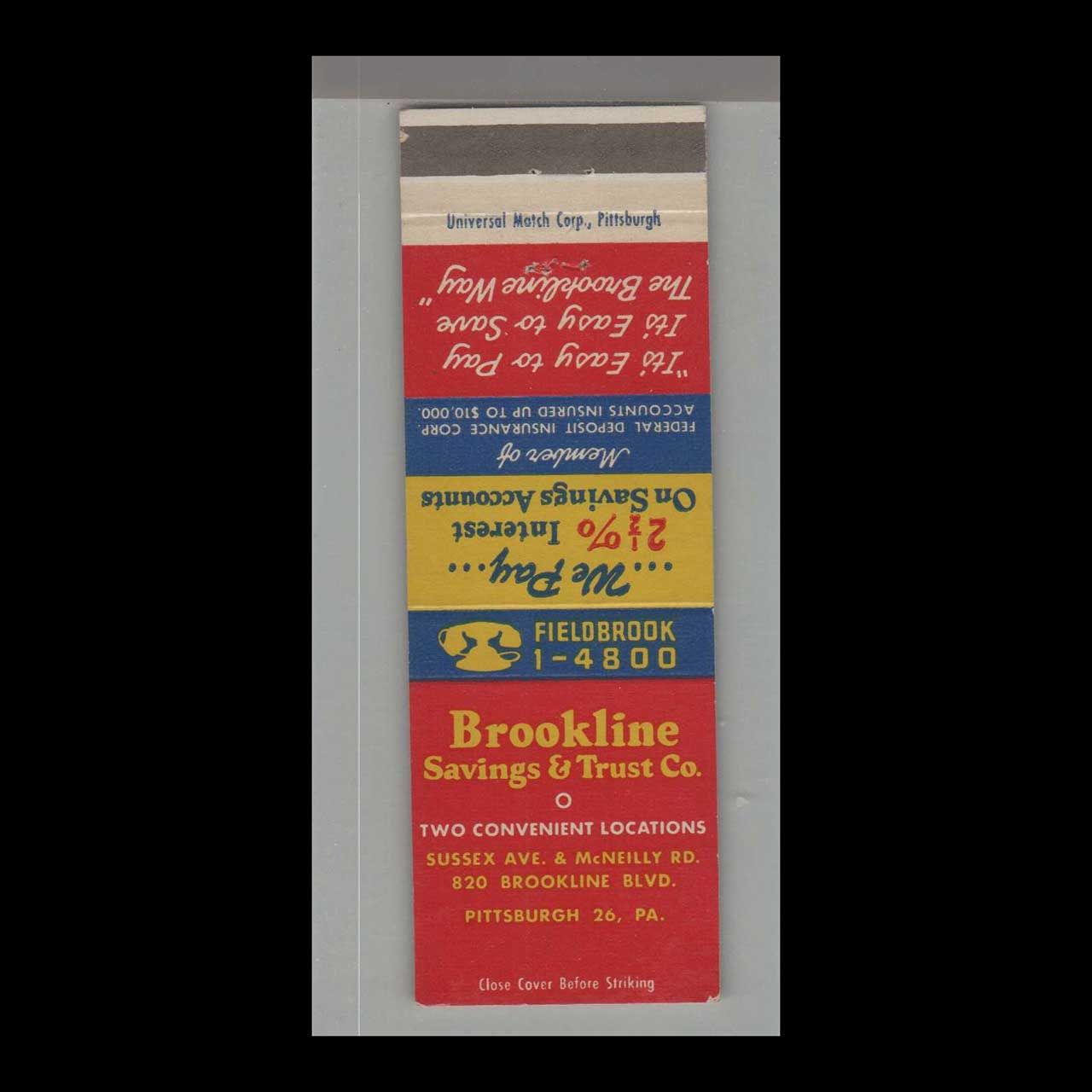 Brookline Savings &amp; Trust Pittsburgh, PA Vintage Matchbook Advertising Cover
