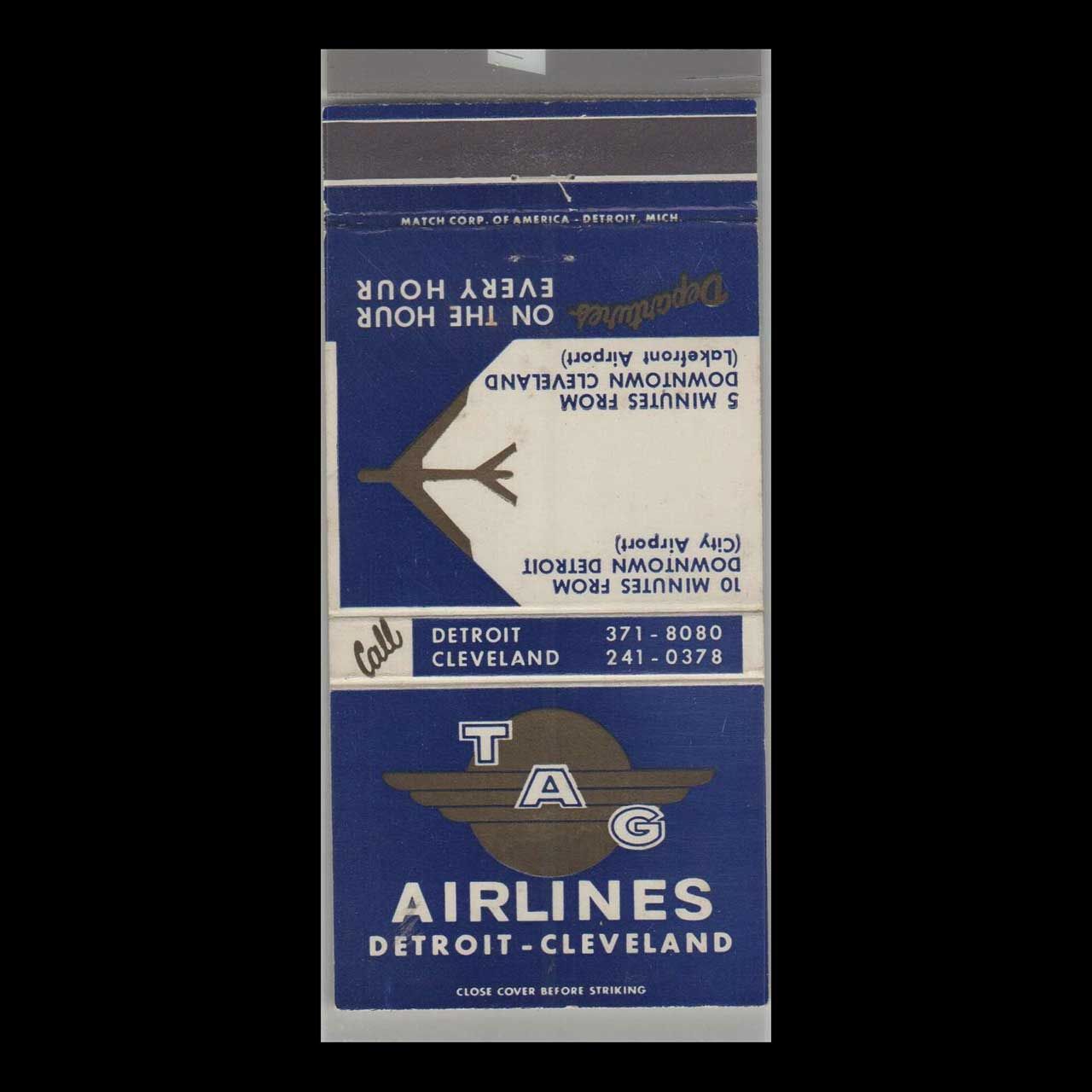TAG Airlines Detroit - Cleveland Vintage Matchbook Advertising Cover