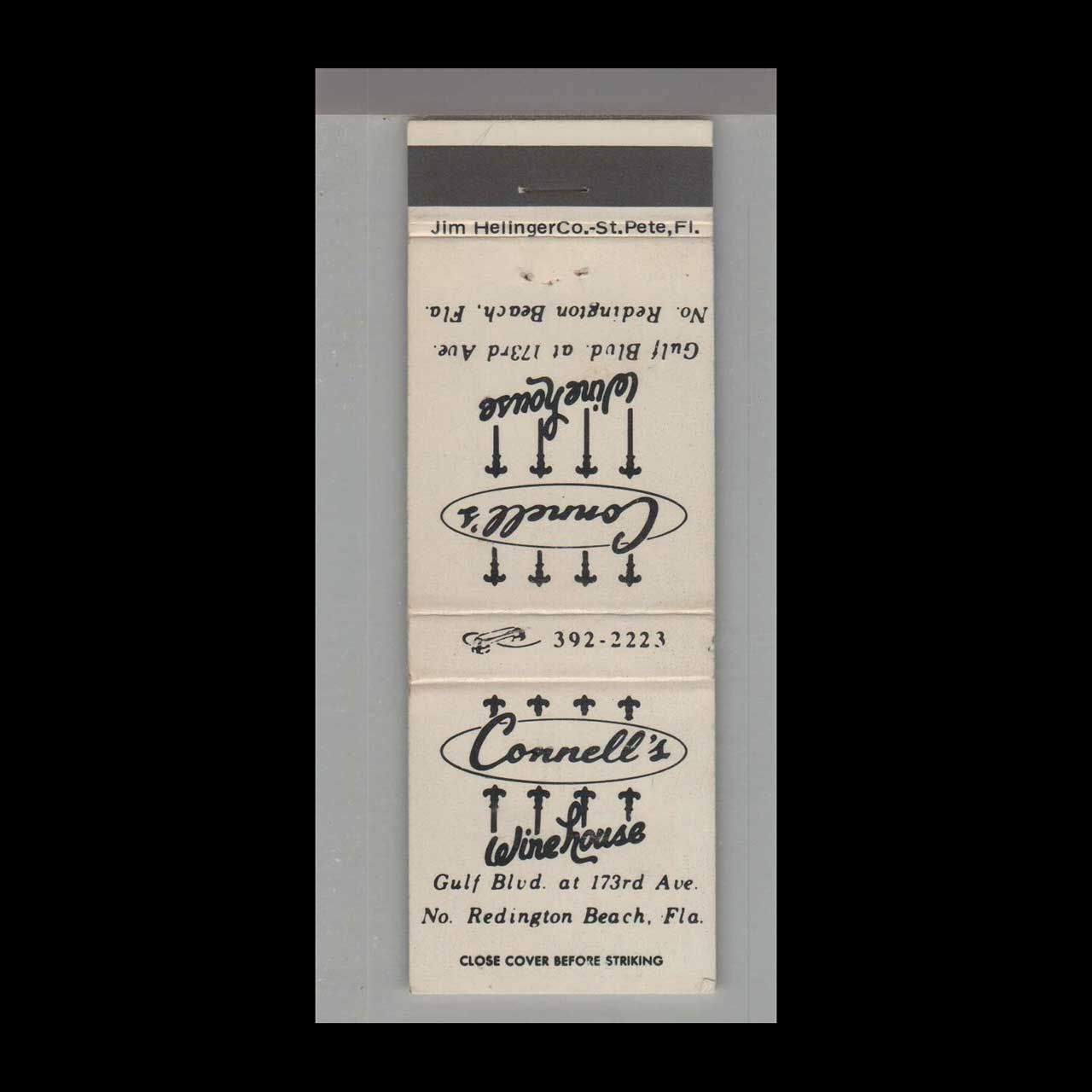 Connell&#39;s Wine House North Redington Beach, FL Vintage Matchbook Advertising Cover
