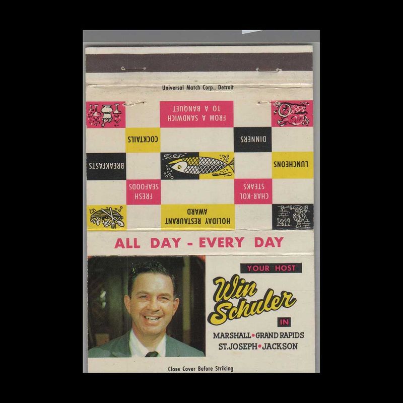 Win Schuler&#39;s Restaurant Marshall, MI Vintage Matchbook Advertising Cover