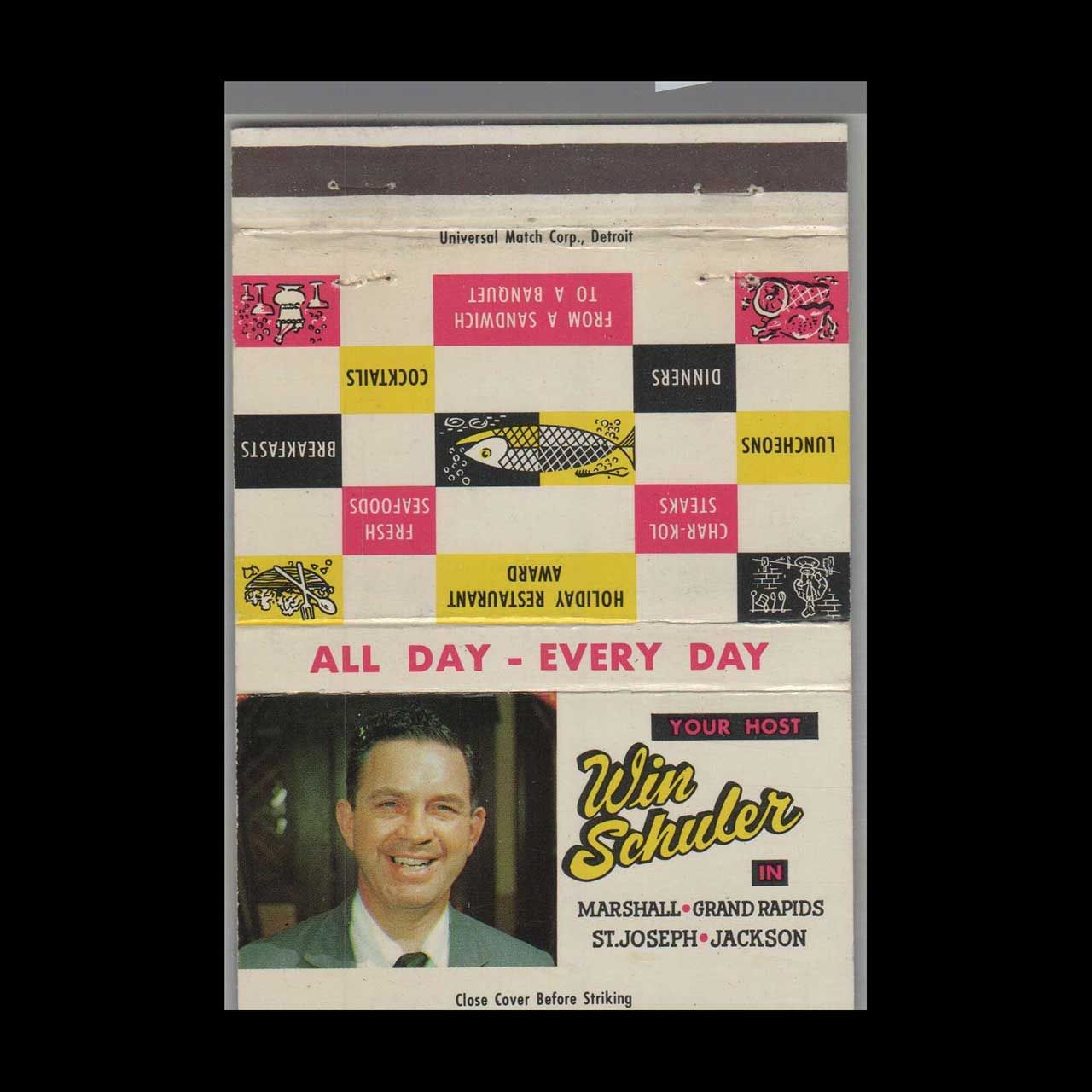 Win Schuler&#39;s Restaurant Marshall, MI Vintage Matchbook Advertising Cover