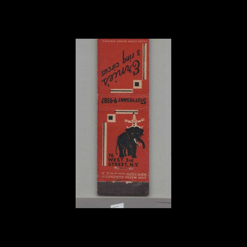 Elephant - Ernie&#39;s 3 Ring Circus New York, NY - MIDGET SIZE Vintage Matchbook Advertising Cover