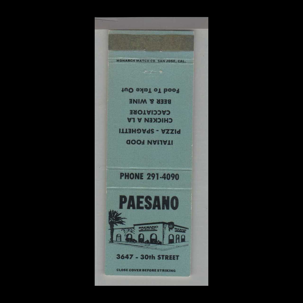 Pizza Place - Paesano Italian Food San Jose, CA Vintage Matchbook Advertising Cover