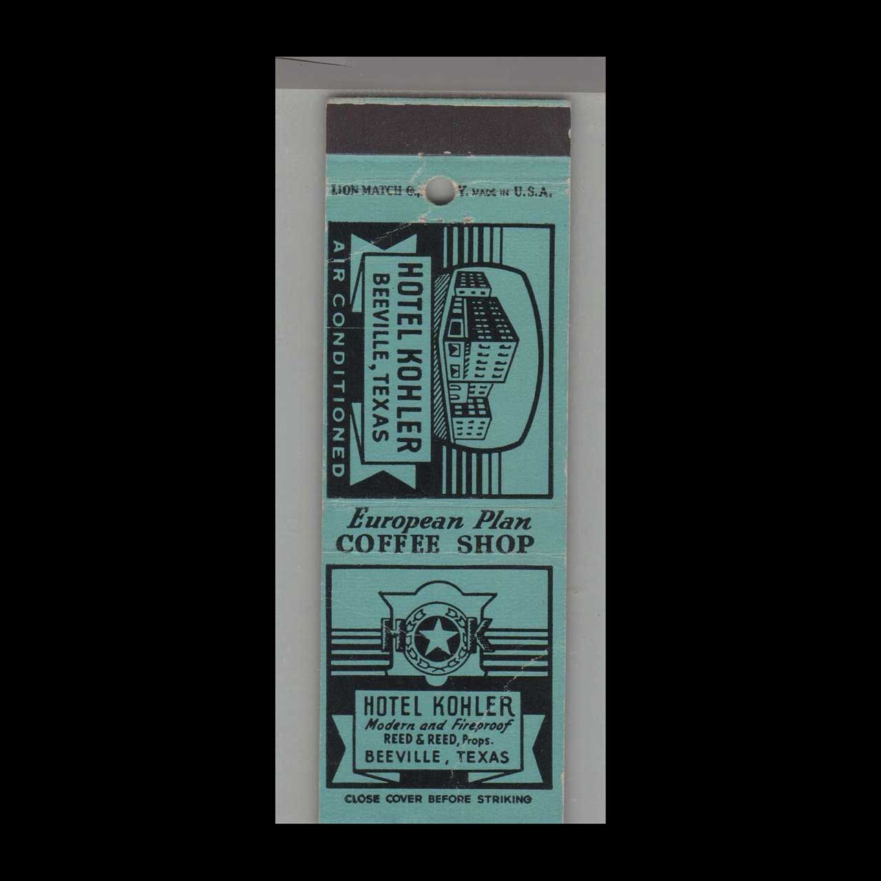 Hotel Kohler Beeville, TX Vintage Matchbook Advertising Cover