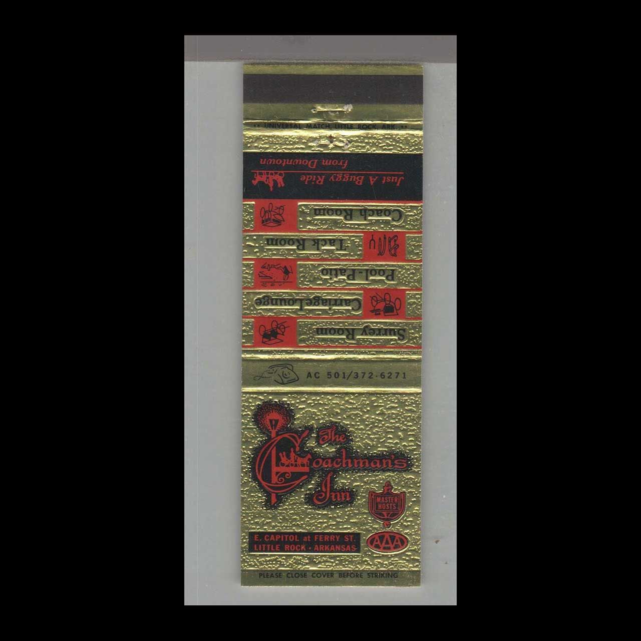 The Coachman&#39;s Inn Little Rock, AR Vintage Matchbook Advertising Cover