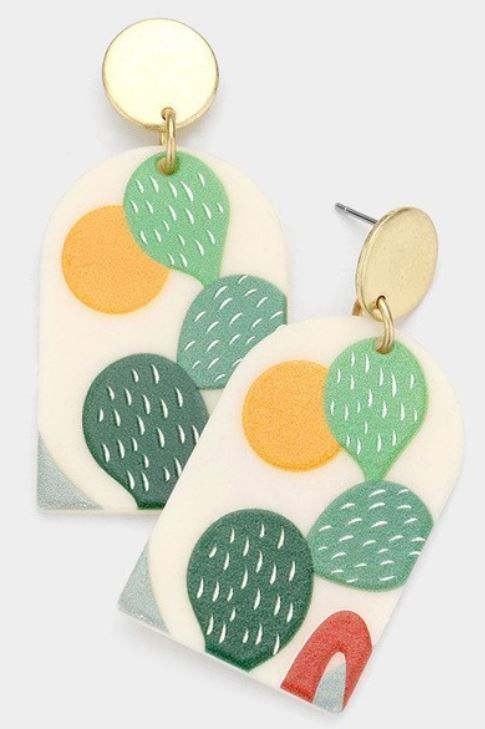 Cactus Printed Resin Dangle Earrings