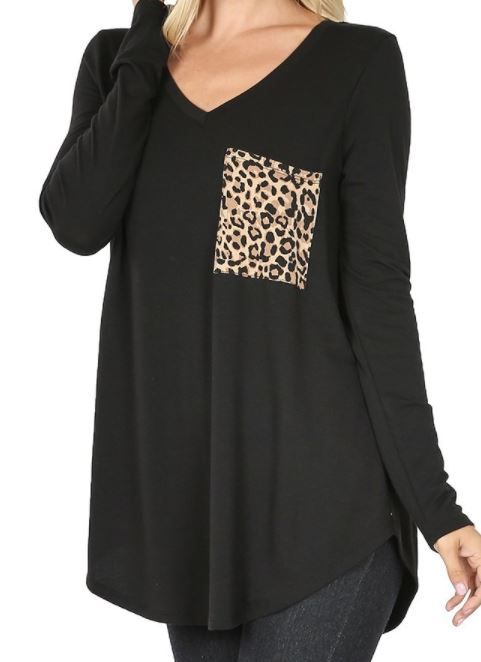 V-Neck Leopard Pocket Long Sleeve