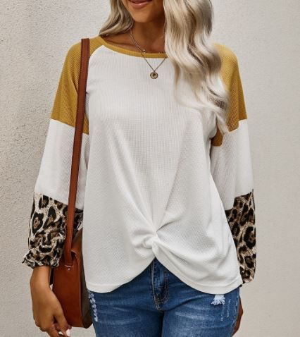 Leopard Waffle Knit Long Sleeve Twist Knot Top