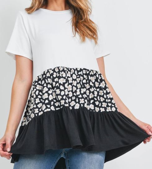 Ivory Tiered Ruffle Leopard Contrast Top