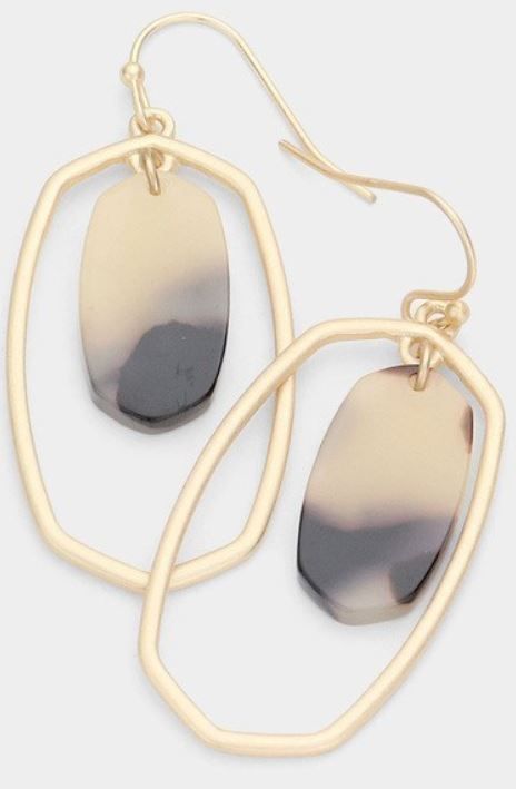 Celluloid Accented Open Metal Hexagon Earrings