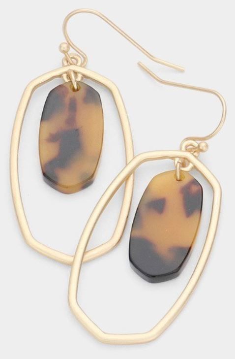Celluloid Accented Open Metal Hexagon Earrings