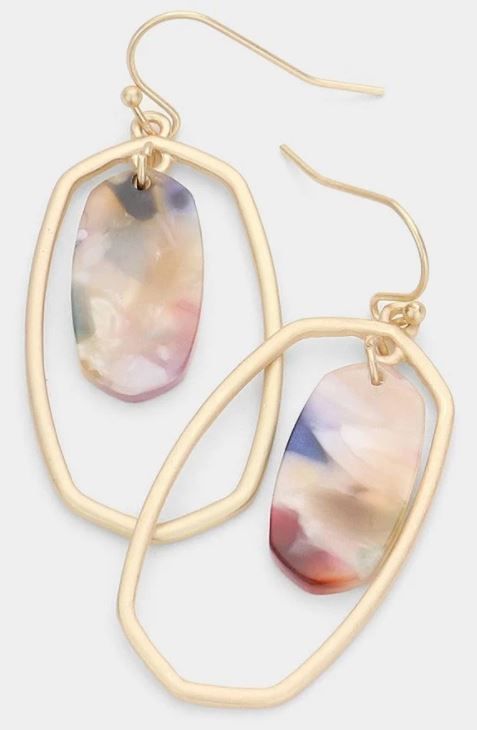 Celluloid Accented Open Metal Hexagon Earrings