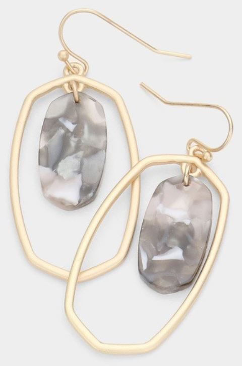 Celluloid Accented Open Metal Hexagon Earrings