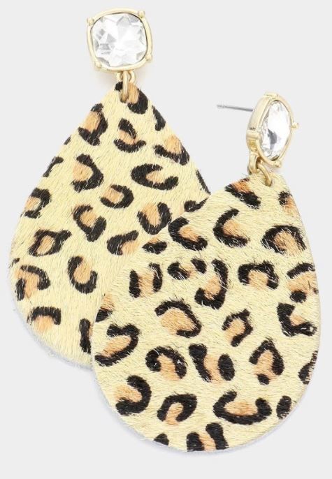 Crystal Leopard Patterned  Leather Teardrop Earrings