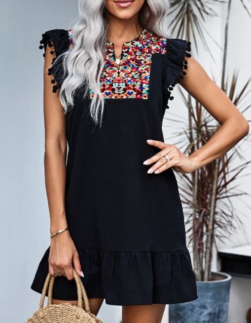 Boho Shift PomPom Sleeved Dress