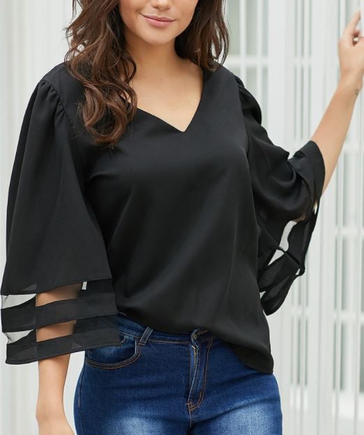 Loose Black Flare Sleeve V-Neck Top