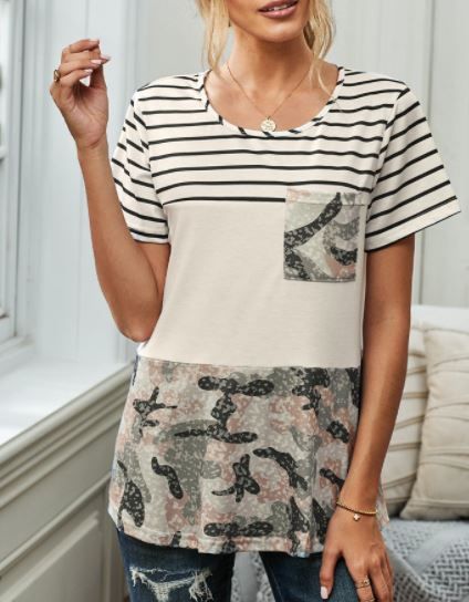 Camo Color Block Pocket Top