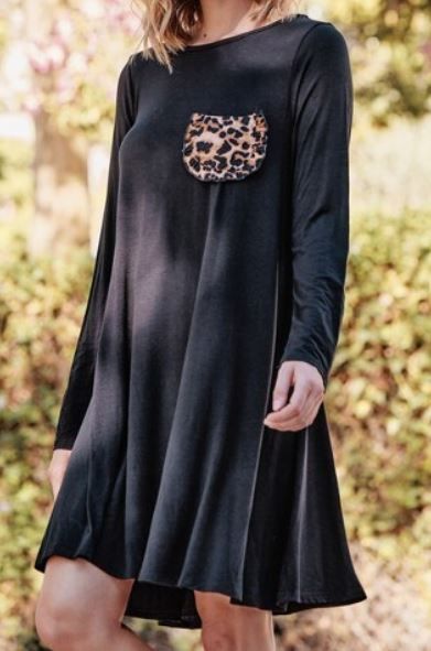 Leopard Ruffle Pocket Long Sleeve Dress