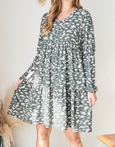Feather Print Long Puffed Sleeve Dress
