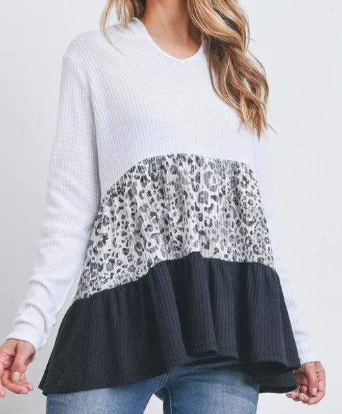 Blocked Leopard Thin Waffle Hoodie