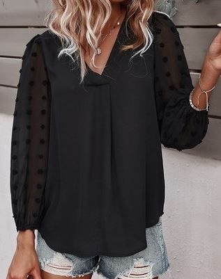 Light V-Neck Dotted Sleeve Top