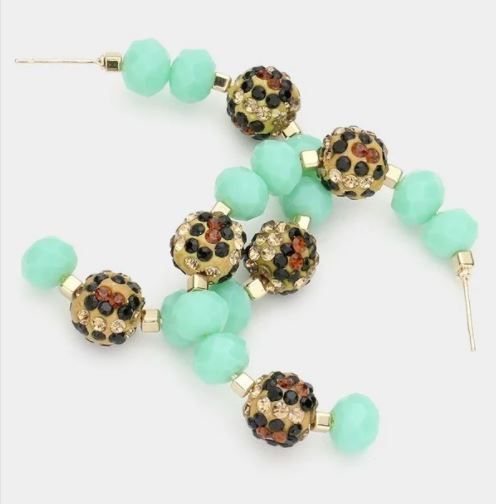 Leopard Patterned Ball Faceted Bead Half Hoop Earrings