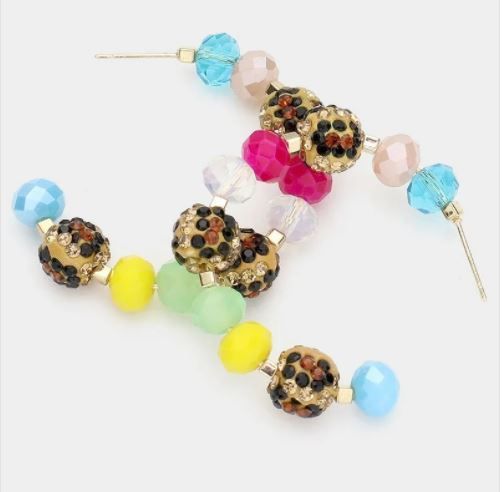 Leopard Patterned Ball Faceted Bead Half Hoop Earrings
